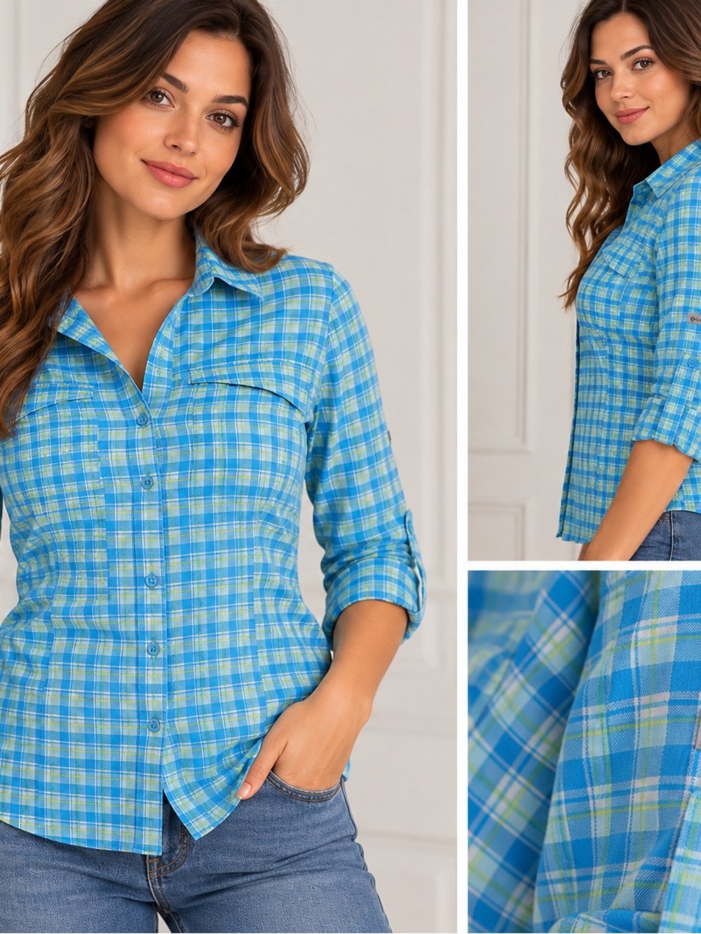 Columbia Women’s S/P Blue Plaid Long Sleeve Outdoor Hiking Shirt